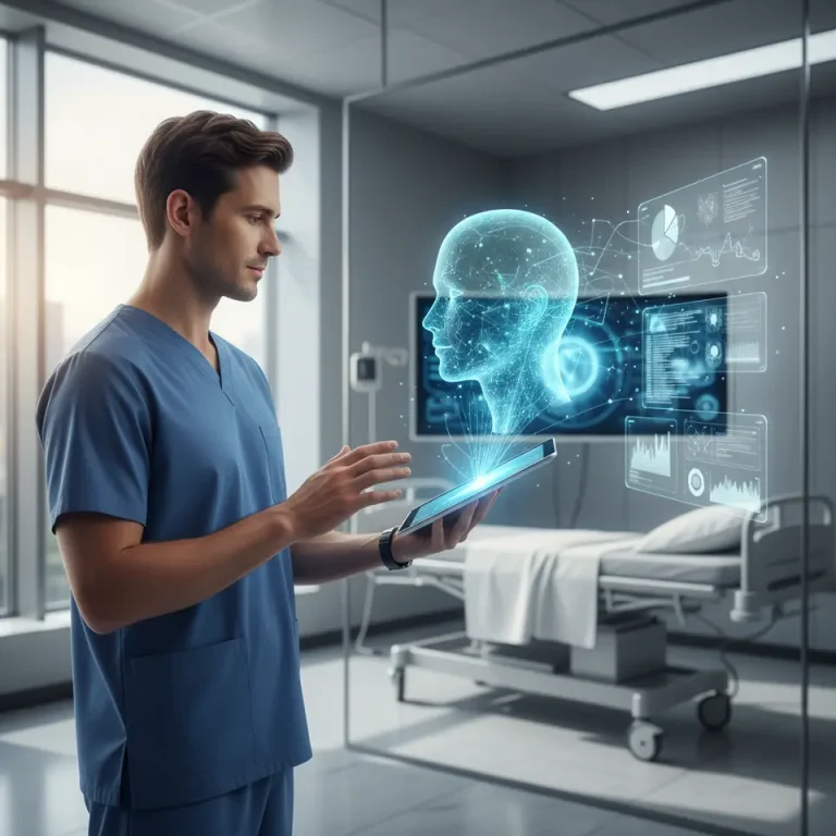 Clinician using AI assistant on a digital tablet