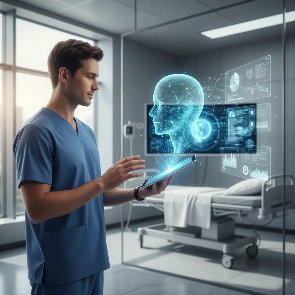 Clinician using AI assistant on a digital tablet