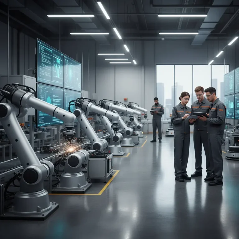 Factory floor with AI robots and workers collaborating