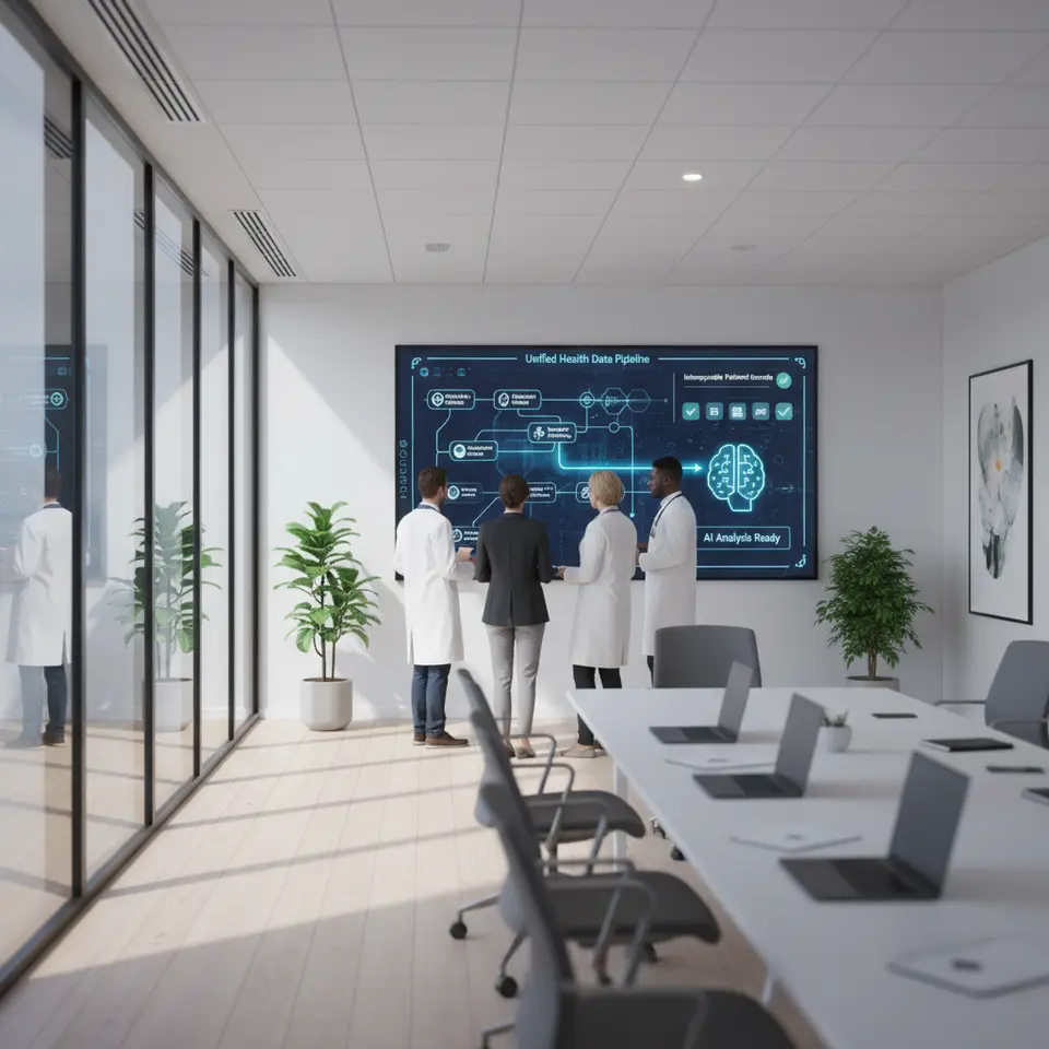 Medical staff reviewing clean data pipeline for AI