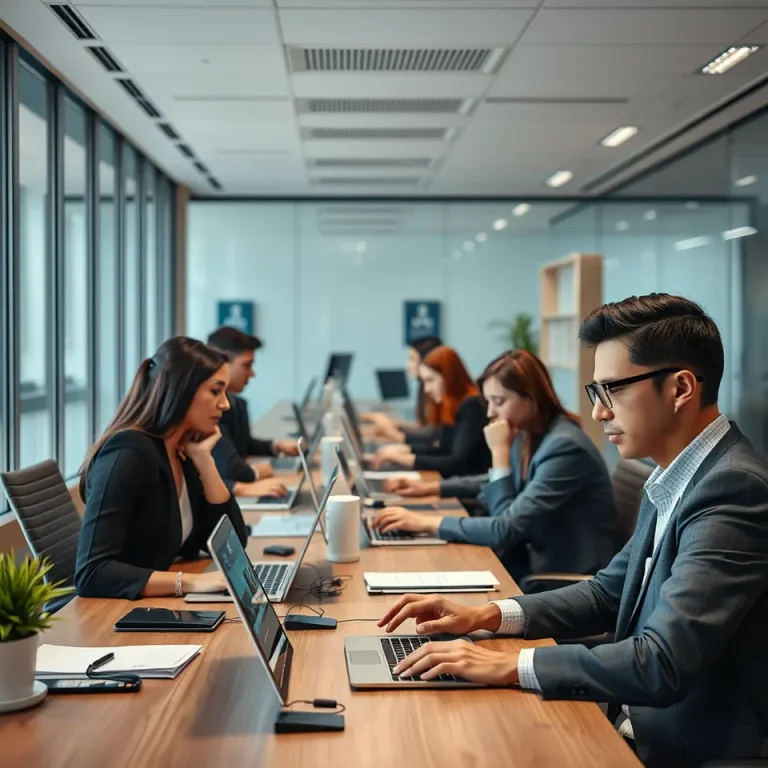 Employees interacting with AI tools in office