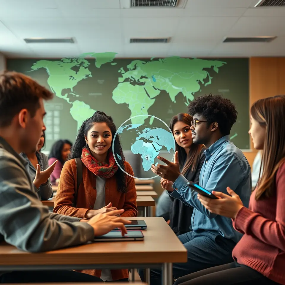 Students using AI tools in a global classroom
