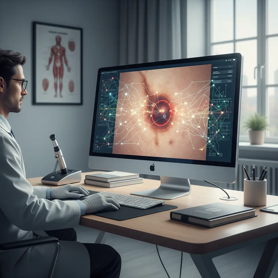 AI system analyzing skin lesion images for cancer detection