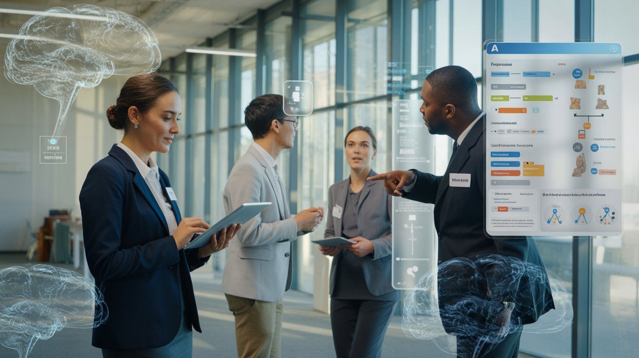 Business team reviewing software scramble AI disruption roadmap