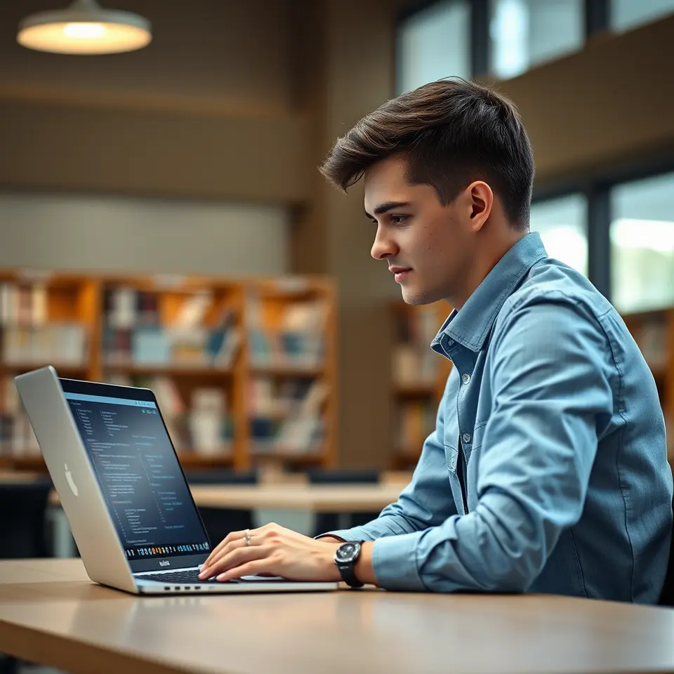 Undergraduate student mastering AI proficiency with laptop