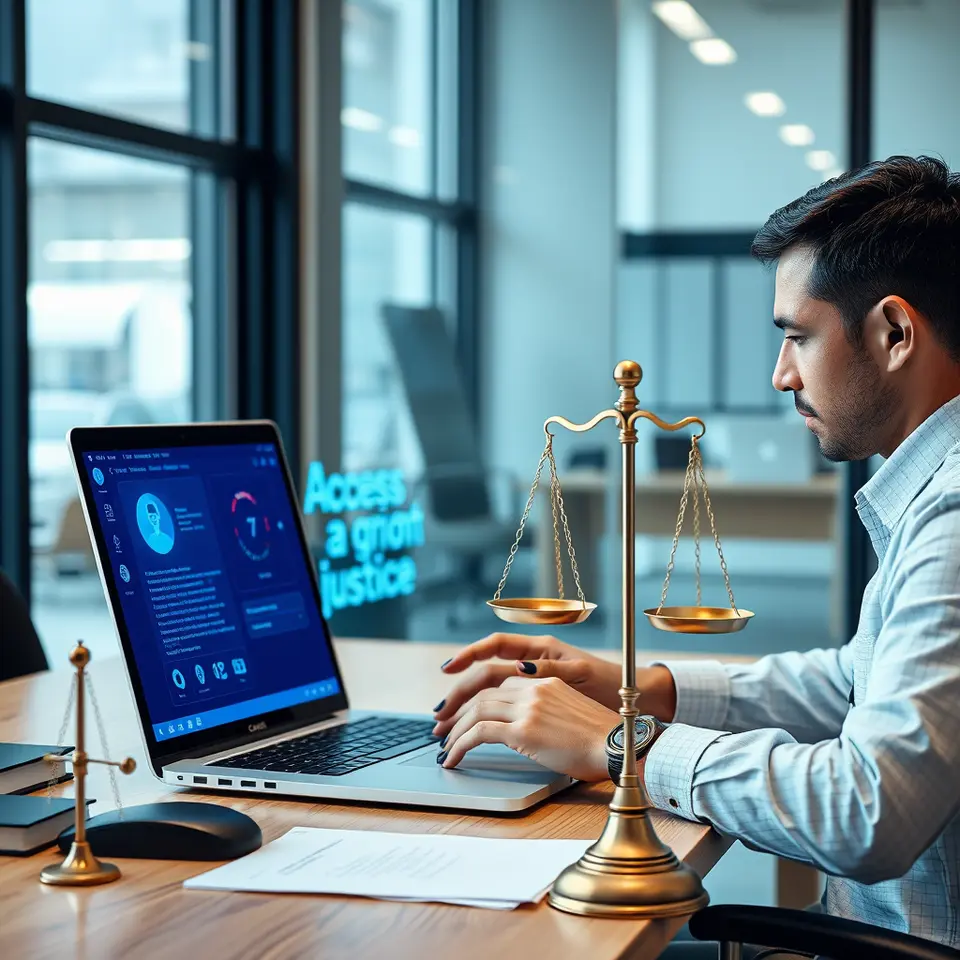 AI access to justice platform with legal compliance icons