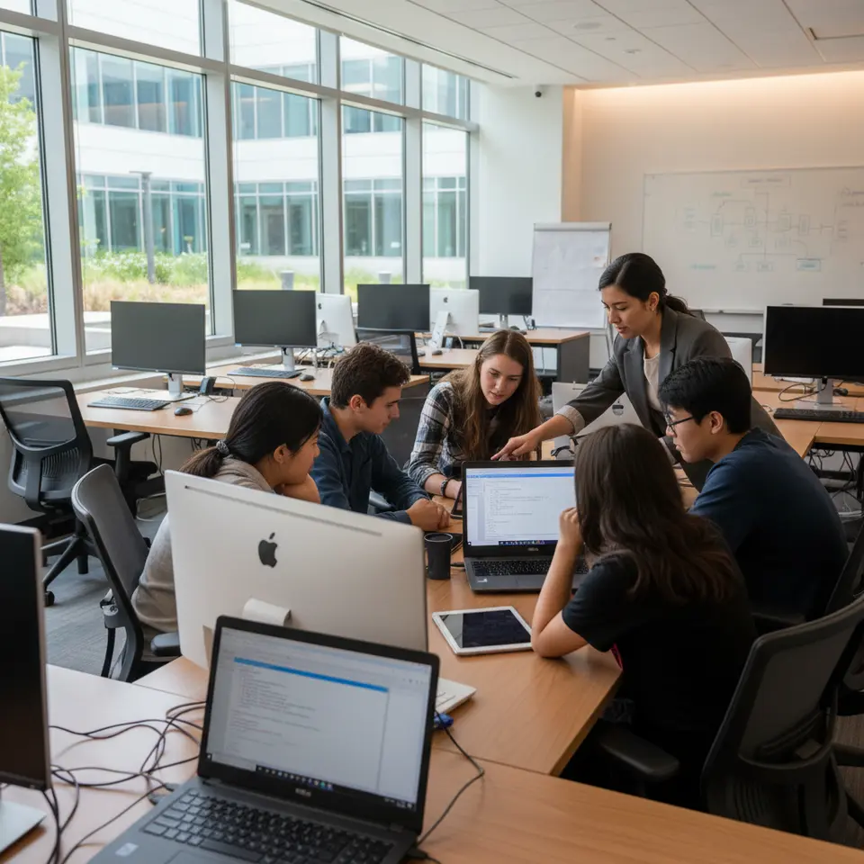 High school AI workshop students collaborating on project
